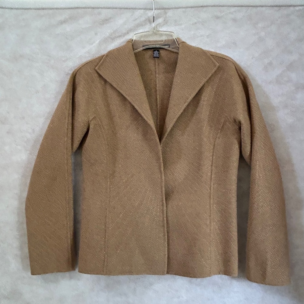 Linda Allard Ellen Tracy Wool Blazer Camel Tan Geometric Stitched Jacket 6